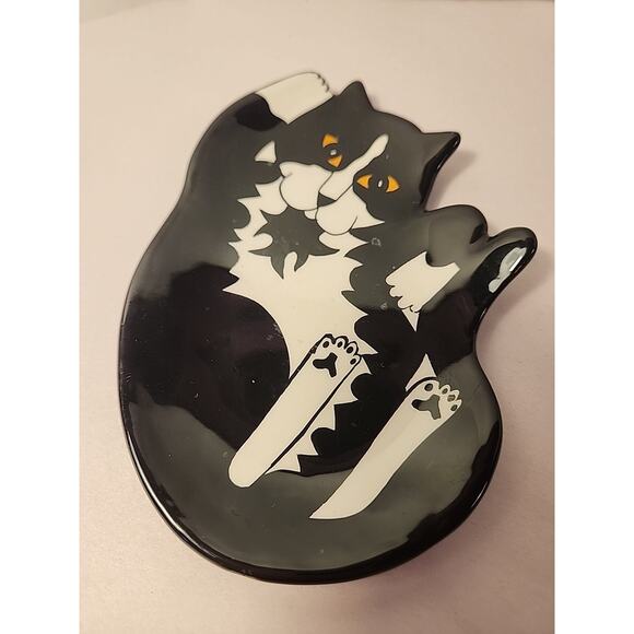Cats By Nina Trinket Tray Plate Tuxedo Kitten Ceramic 5.75x4 inch - Picture 3 of 5